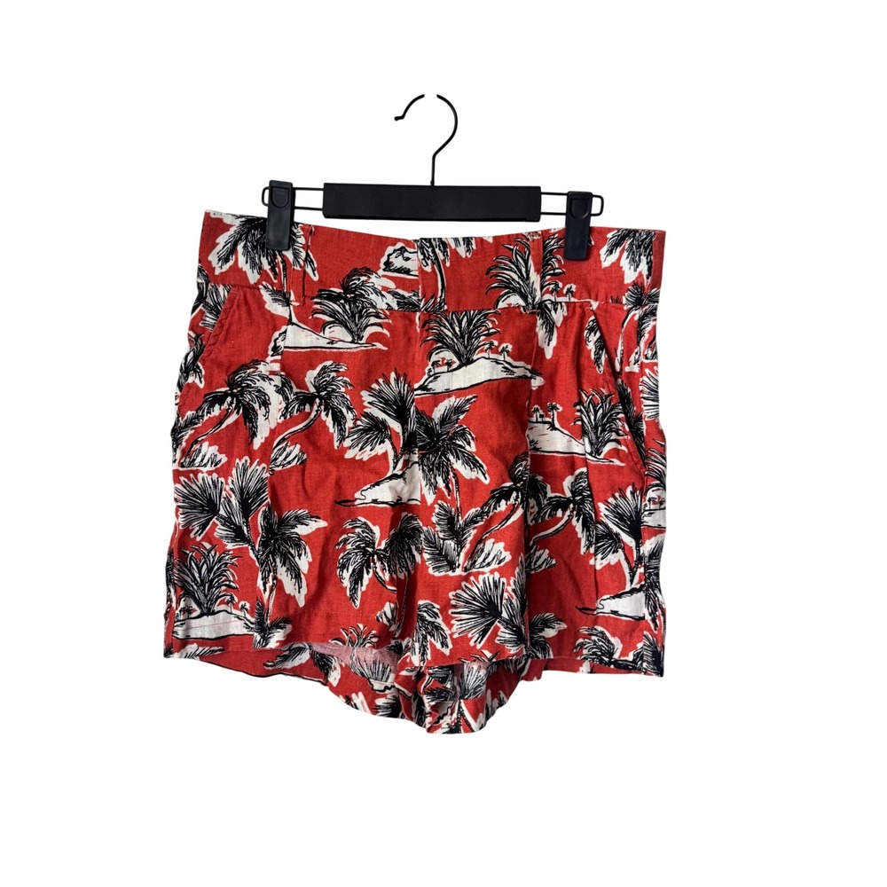 Tahari Womens Red Tropical Palm Tree Print 100% Linen Shorts Size 8 High Rise